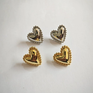 Vintage Heart Stud Earrings With Milgrain Beaded Border 18K Gold Plated Copper Polished Elegant For Women