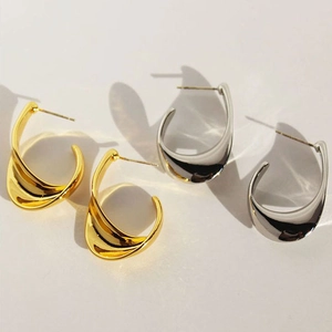 Irregular Geometric Hoop Earrings With 925 Sterling Silver Earring Post Minimalist Wave C Shape Polished Copper Jewelry