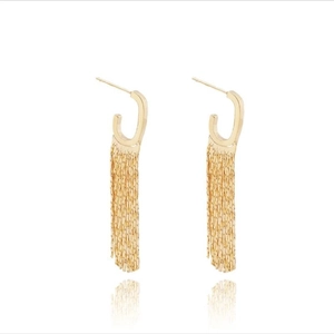 Elegant gold long tassel drop earrings with polished metallic chains on white background
