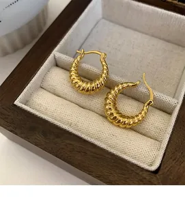 Detailed view of golden twisted horn hoop earrings on a luxury jewelry box display