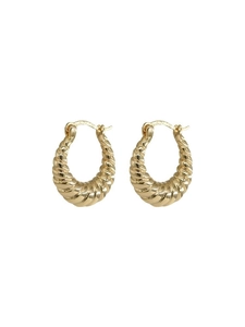 Detail of twisted croissant hoop earrings with polished 18K gold-plated texture