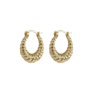 Polished gold croissant hoop earrings with a textured twist design and clasp closure