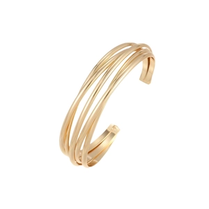 Detailed view of 18K gold plated multi-layer curved bangle with adjustable open design