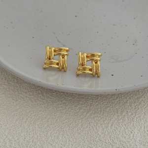 Minimalist square geometric hollow stud earrings in gold metal finish with woven pattern