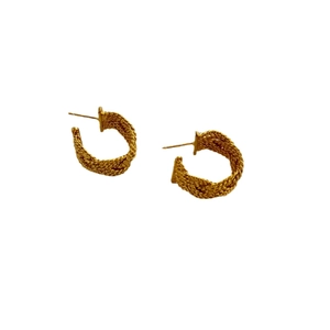 Elegant gold twisted C-shaped stud earrings featuring a textured woven metal design