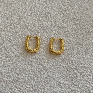 French vintage style gold geometric rectangular hoop earrings with hammered lava texture