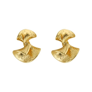 Golden geometric earrings with hammered texture and irregular wave design in modern style