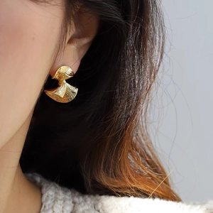 Abstract Geometric Stud Earrings For Women Twisted Crumpled Fan Shape Brass With Silver Earring Post Hammered Texture