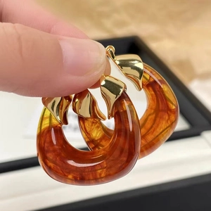 Amber Resin U-Shaped Stud Earrings With Copper Gold Plated Metal Geometric Retro Niche Style Jewelry For Women
