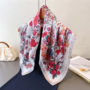 Elegant floral silk-like square scarf with red and yellow blossoms on white base