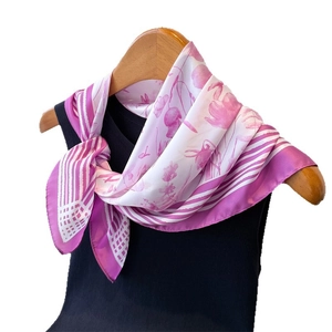 Elegant purple floral aesthetic silk square scarf displayed on a mannequin torso