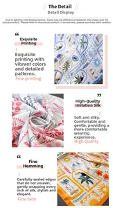 Detailed view of the tropical print silk scarf with palm trees and rolled hem finish