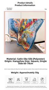 Detailed size specifications for a sunflower oil painting style silk satin square scarf