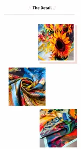 Detailopname van zijden sjaal met zonnebloem olieverfprint en hoogwaardige afwerking