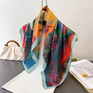 Silk-like square scarf featuring vintage sunflower oil painting print and rolled edges