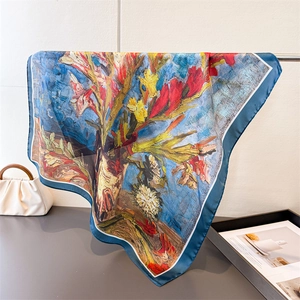 Elegant Van Gogh style oil painting square silk scarf draped on a metal bar