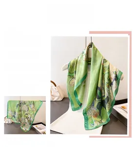 Artistic oil painting style green silk scarf with Van Gogh inspired floral print detail