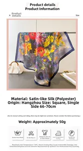 Detailed size and material guide for a square floral silk scarf with care symbols