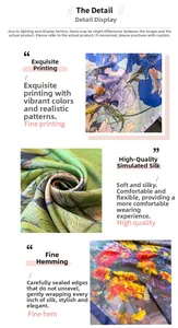 Detailed view of imitation silk scarf featuring vibrant oil painting floral iris patterns
