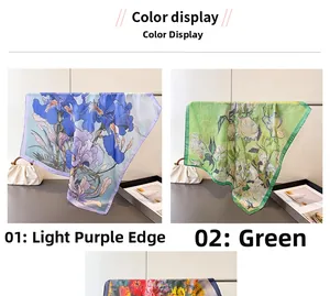 Detail view of iris and white rose prints on premium silk scarves in lavender and green