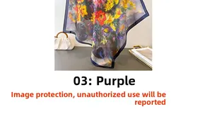 Detailed close-up of purple oil painting floral print silk scarf with fine blue edge stitching