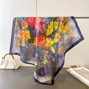 Artistic oil painting floral silk square scarf with vibrant colors and dark blue borders