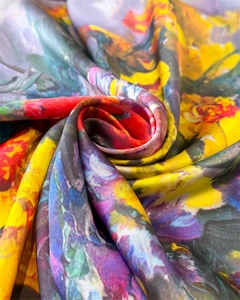 Macro shot of vibrant oil painting print silk scarf with luxury glossy texture and flower pattern