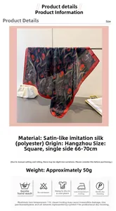 Close-up of square silk-like polyester scarf with tulip print next to a white bag