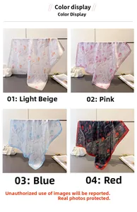 Detailed grid showing tulip print silk scarves in beige, pink, blue, and red colors