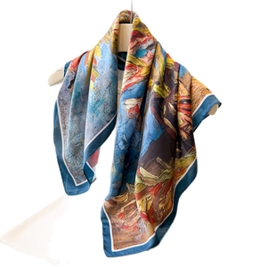 Artistic oil painting sunflower print silk scarf with vibrant blue and yellow tones