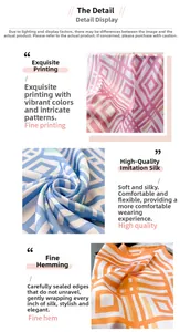 Macro detail of geometric print faux silk scarf showing vibrant colors and fine edge stitching