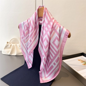 Fashion Geometric Grid Print Faux Satin Square Scarf Elegant Satin Neck Head Wrap For Women Lightweight Versatile