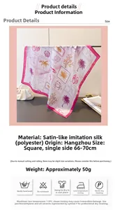 Detail of silk-like square scarf featuring ocean prints and 70cm dimension specifications