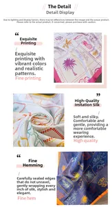 Detailed view of ocean palm print silk scarf with refined edges and tropical beach motifs