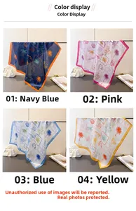 Silk-feel scarves with ocean patterns featuring palm trees, shells and crabs in four colors
