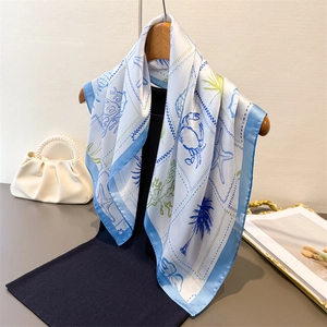 Silk square scarf with ocean palm print and crab starfish pattern in blue and white