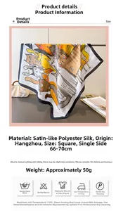 Close-up of cute cat pattern print on soft imitation silk square scarf for women