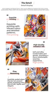 Close-up of high-quality silk-like scarf featuring cute cat patterns and delicate hem detail