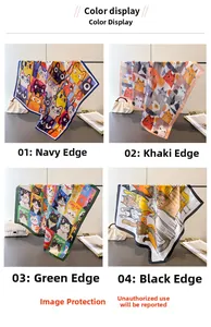 Detailed grid showing four colorful cartoon cat prints on premium silk square scarves