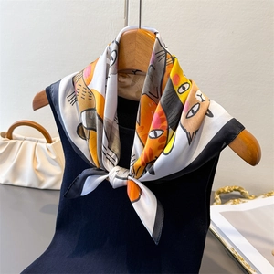 Artistic cat print silk-like square scarf with vibrant orange and coffee patterns