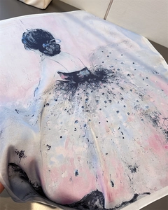 Close-up of ink painting ballet dancer print on smooth satin silk square scarf