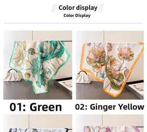 Close-up of floral silk scarves in green and ginger orange colors with glossy finish