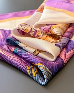 Macro shot of elegant floral silk scarf with vibrant purple and orange patterns