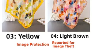 Detail showing two floral camouflage silk scarves in yellow and light brown patterns