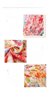 Detail of silk-like scarf showing vibrant floral butterfly prints and fine stitched edges