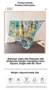 Detail of floral printed satin scarf with product specifications and washing icons