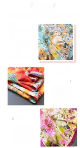 Detail of floral printed faux silk scarf showing smooth texture and neat hemmed edges