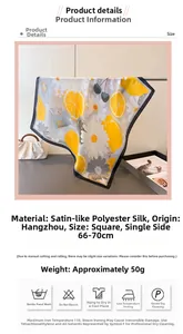 Détails du foulard en satin à motifs citrons et marguerites avec les mesures et l'entretien