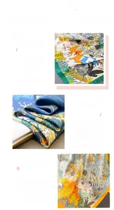 Close-up of fine printed silk scarf featuring artistic horses and jungle plants