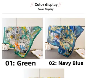 Detail view of safari jungle animal prints on green and navy blue silk scarves